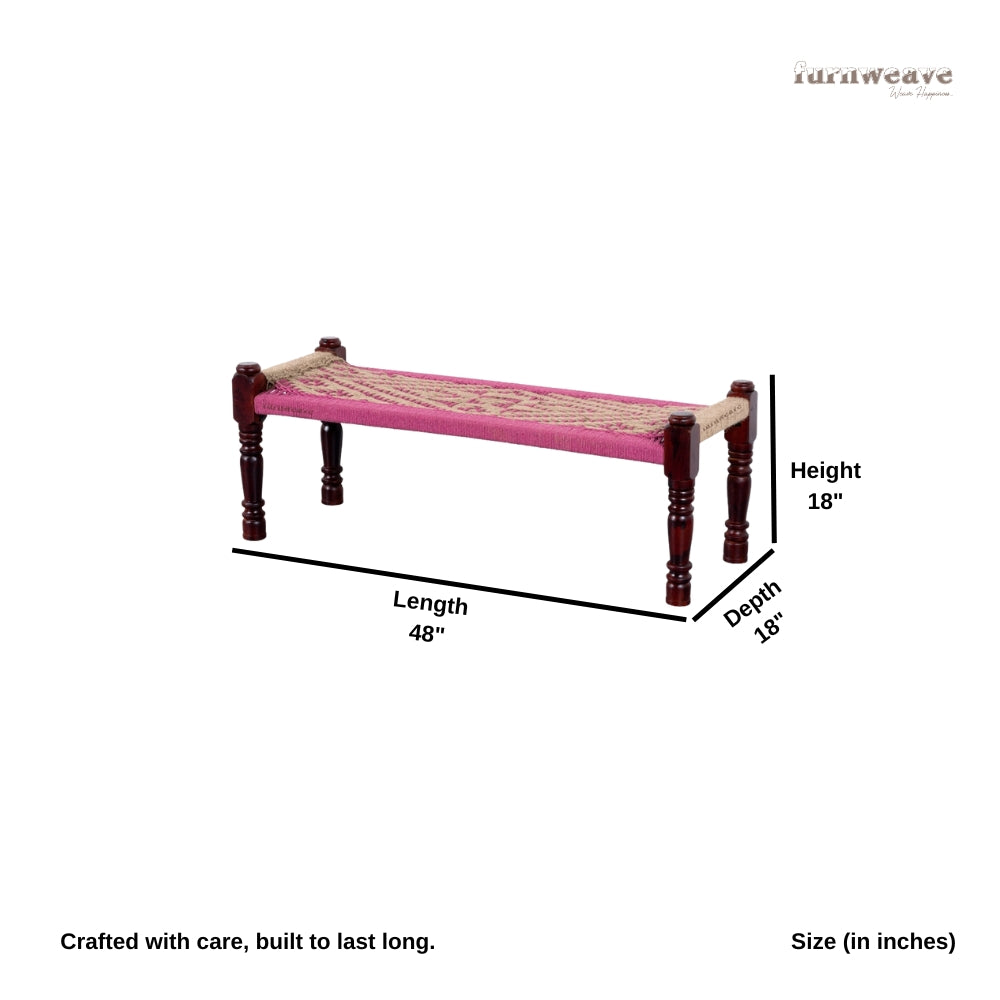 Wooden Patio Balcony Bench in Sheesham Wood (Jute and Pink)