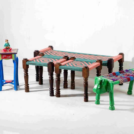 Rajasthani Wooden Handwoven Set of Two Stools and Bench (Orange Green)