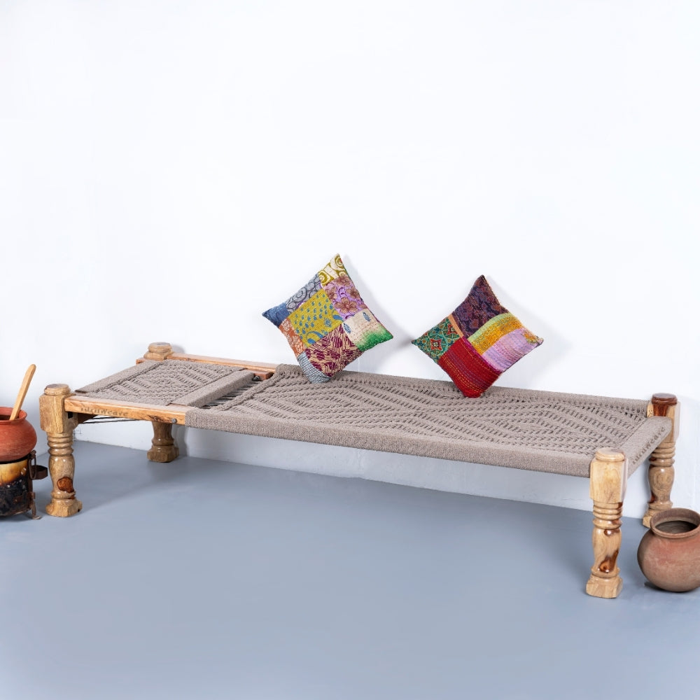 Wooden Charpai with Backrest Poolside Lounger (Beige)