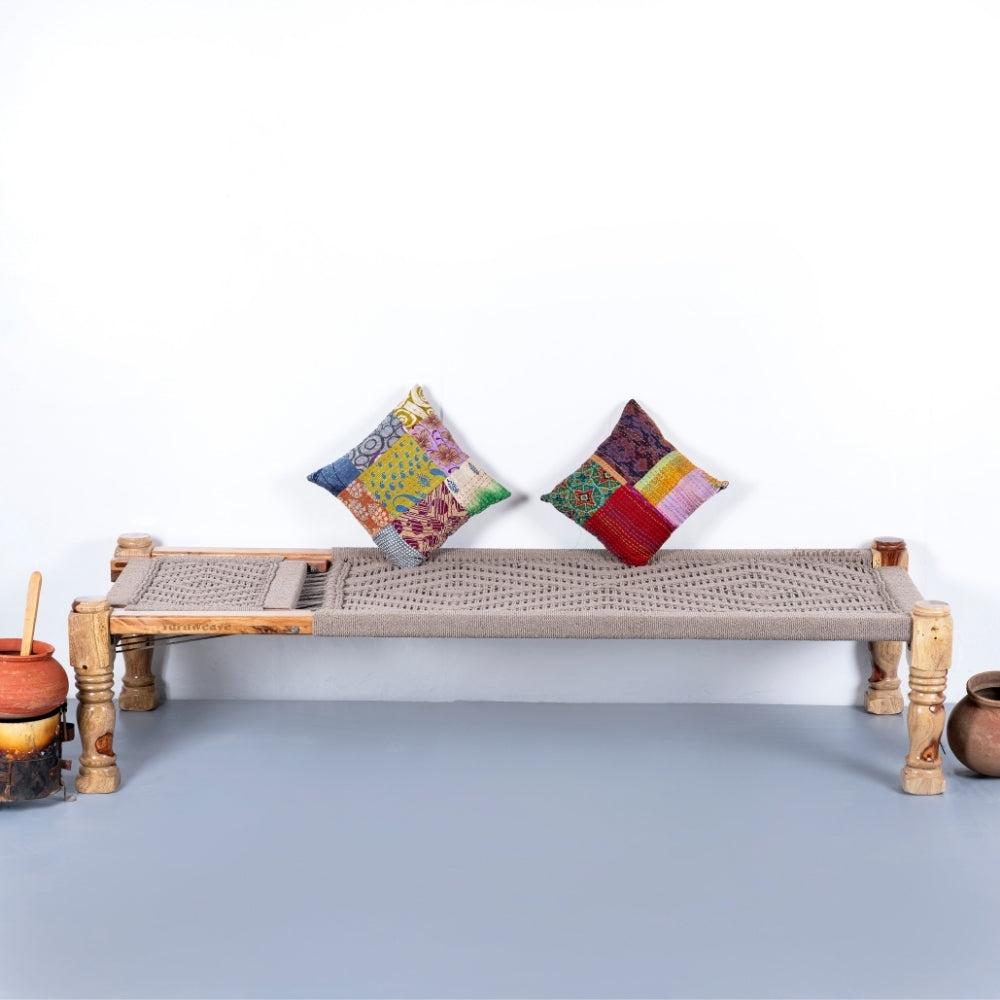 Wooden Charpai with Backrest Poolside Lounger (Beige)