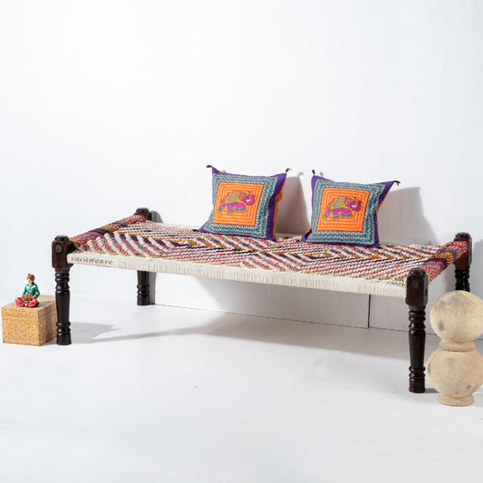 Rajasthani Wooden Khatiya Khaat (White and Multi)