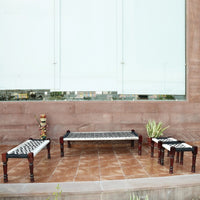 Rajasthani Wooden Charpai, Bench and 2 Stools Set (Black)
