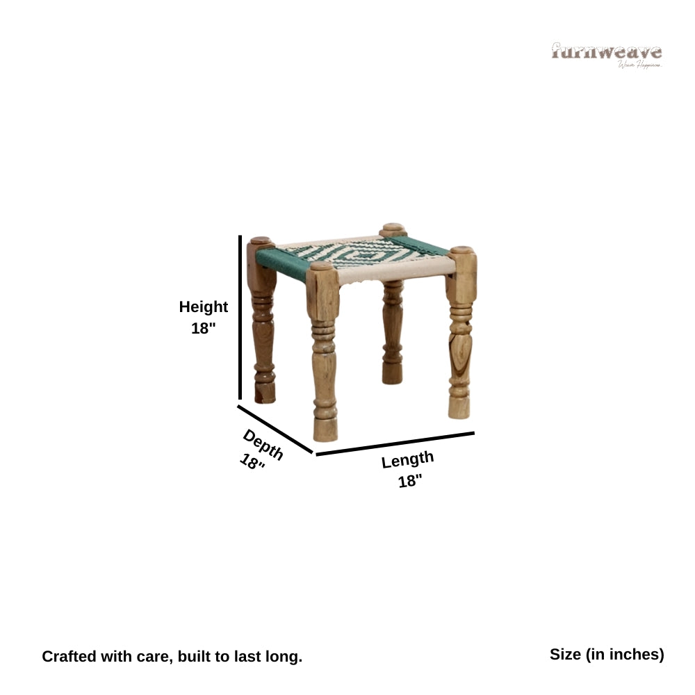 Uva Wooden Woven Seating Stools Pidha in Natural Finish (Green White) Set of Two